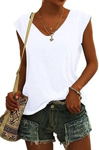 NARRAME Camiseta Mujer Verano Blusas Blancas Monocolor Manga Corta Cuello En V Camiseta Ligera Informal Airy Verano Tank Top L