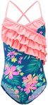 Big Girls One Piece Swimsuit Hawaiian Ruffle Swimwear Beach Bathing Suit Blue Size 10/10t