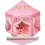 Twinkle Star 55"x 53" Princess Play Castle Tent with Ultra Soft Rug for Girls Playhouse Include Star String Lights and Banners Decor, Princess Tent, Kids Game House for Indoor Outdoor Game, Pink