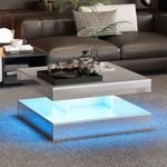 KEEPREAPER Mirrored Coffee Table for Living Room LED Light Square Tables, Modern Grey Center Table with 2-Tier Storage, Mirror Effect Cocktail Tables for Home/Bar/Gaming Room/Waiting Room