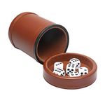 RERIVER PU Leather Dice Cup Set with Lid Dark Brown Felt Lining Quiet Shaker Cup Includes 6 Dot Dice for Liars Dice Farkle Yahtzee Board Games, 1 Pack