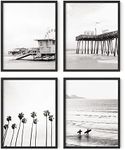 HAUS AND HUES Beach Wall Art Black and White - Set of 4 Black and White Wall Art Beach Posters, Beach Wall Decor, Black and White Wall Decor, Ocean Posters Black and White Beach (Black Frame, 11x14)