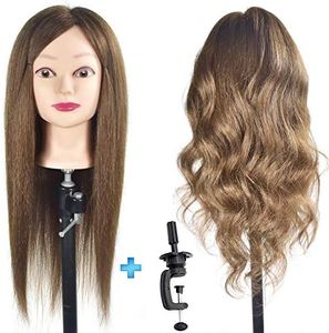 ErSiMan Female Cosmetology Mannequin Head with 90% Human Hair 20" Manikin Head for Brading Hair Hairdressing Training Head Doll Head with Clamp