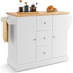 TANGZON Large Kitchen Island on Wheels, Rolling Storage Trolley with 2 Cabinets, 3 Drawers, Adjustable Shelves, Rubber Wood Worktop, Spice & Towel Rack, Utility Serving Cart for Dining Room (White)