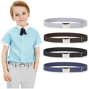JASGOOD Kids Toddler Belt Elastic Stretch Adjustable Belt for Boys and Girls with Silver Square Buckle 4 Pack Back to School Gift(Black,Grey,Coffee,Blue, Pants Size below 26 Inch)
