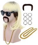 VGbeaty 70s 80s Adult Men Long Curly Black Root Blonde Mullet Mustache Wig with Gold Necklace and 6 Earrings Halloween Costume Cosplay Wig