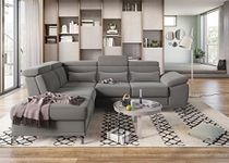 Fabrique Imperial L-Shape Corner 5-Seater Fabric Sofa Set | Adjustable Headrest - Stylish Luxurious Furniture | Home Office & Living Room | Stainless Steel Legs - Light Grey (RHS)