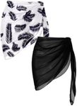 Ekouaer 2 Pieces Women Beach Sarongs Sheer Cover Ups Chiffon Bikini Wrap Skirt for Swimwear,Black/White Background Black Leaves,Small