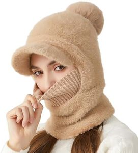 Rayson 3 in 1 Antivento Cappello Maglia Donna con Scaldacollo Invernale Caldo Fluffy Berretto con Pompon per Esterno(Cachi,Taglia Unica)