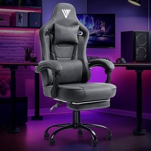 Advwin Gaming Chair with Footrest, Linen Fabric Ergonomic Office Chair with Linkage Armrests, High Back Computer Recliner Chair with Headrest & Lumbar Pillow,Dark Gray