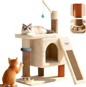 【SteadyCore】 PetDance All-in-1 Cat Tree Tower with Heavy Duty Board, Solid-Wood,Small Cat Tower with Multiple Fun:Interactive Track Ball Toy & Self-Grooming Brush for Indoor Cats,Beige
