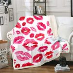 Sexy Lips Blanket for Girls Woman Kiss Fleece Blankets Feminine Red Lips Throw Blanket Lipstick Print Plush Blankets Luxury for Chair Office Couch Bed Fuzzy Blanket Queen 90"x90" Red White