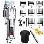 Cordless Hair Clippers For Men, Professional Barber Clippers For Hair Cutting Rechargeable Hair Trimmer Set, 0.4-19mm Precision, Stainless Steel Blade, LED Display, Grooming & At-Home Haircutting Kits (Silver)