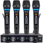 ZERFUN Rechargeable Wireless Microphone System 4 Channel Pro, UHF Metal Handheld Wireless Mics Cordless for Church Karaoke Singing with Echo Treble BASS VOL Channel Control(GT-200)