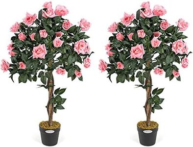 Christow 2 Artificial Rose Trees Pink Flowers Twisted Trunk Potted Indoor Outdoor 3ft (Pair)