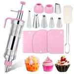 Icing Decoration Gun Set Cake Decorating Tools Dessert Decorator Syringe 6 Russian Piping Icing Nozzles 3 Cream Scraper Stainless Steel Cupcake Frosting Filling Injector Cake Icing Tool(Pink)