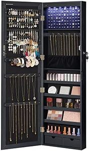 SONGMICS 6 LEDs Mirror Jewelry Cabinet, 47.2-Inch Tall Lockable Wall or Door Mounted Jewelry Armoire Organizer with Mirror, 2 Drawers, Christmas Gift, 3.9 x 14.6 x 47.2 Inches, Black