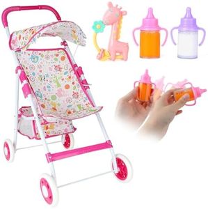 deAO Baby Doll Stroller Set Baby Doll Accessories with Feeding Bottle Simulated Juice Milk and Rattle Toy Foldable Doll Stroller for Toddler Kids Boys Girls,for 12in 14in 16in Doll