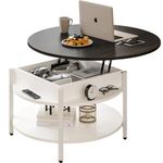 FABATO Round Lift Top Coffee Table with Storage and Hidden Compartment, 68cm Farmhouse Coffee Table for Living Room Reception Room, 2 Tier Small Round Coffee Table Circle Dining Table, White