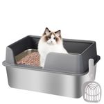 Goyappin Stainless Steel Litter Box XL, Metal Cat Litter Box with Scoop, Large Stainless Steel Cat Litter Box High Sides, Metal Litter Pan Tray for Large Cats, Non-Sticky, Anti-Leakage, Easy Cleaning