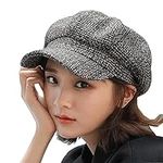 Vintage Plaid Women Wool French Beret Newsboy Hat Winter Warm Gatsby Adjustable Visor Cabbie Cap Octagonal Woolen Painter Hat, Black, One Size