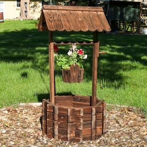 Sunnydaze Outdoor Wooden Wishing Well Garden Planter with Hanging Flower Bucket, 45 Inch