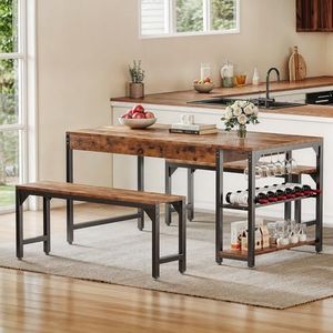 DWVO Dining Room Table Set for 4 People 63" Large Dining Table with 2 Benches Rectangle Industrial Kitchen Table for 4 with Metal Frame & 2 Storage Shelves for Small Space Apartment Kitchen Brown