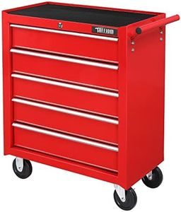 TUFFIOM 5-Drawer Rolling Tool Chest w/Lock & Key, Tool Storage Cabinet with Wheels, Top Cushion & Drawer Liners, Tool Organizer Box for Garage, Warehouse & Repair Shop, Red