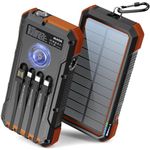 BLAVOR Solar Power Bank 20000mAh， Built in 4 Cables Power Bank Wireless Charger, Built-in Super Bright Flashlight Portable Charger for All Cell Phones and Electronic Devices (Deep Orange)