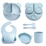 SNOWIE SOFT 6Pcs Silicone Solid Tableware Kit For Baby, Foodgrade Silicone Tableware Kit With Suction Plate & Bowl Cup Spoon Fork And Bib, Bpa-Free Dishwasher & Microwave Safe Baby Product