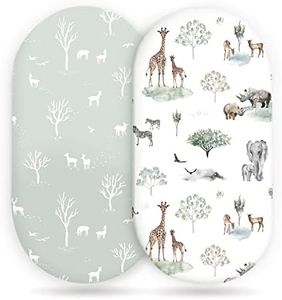 Stretch Ultra Soft Fitted Bassinet Sheet Set 2 Pack, Universal Fit for Bassinets Baby Cradle Moses Basket Oval Rectangle Mattress Safe and Snug, Pretty African Savannah Animals Pattern