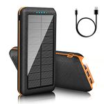 Portable Charger Solar Power Bank 30000mAh Battery Pack Charger Camping Waterproof External Backup Charge with 3 Outputs 2 Input LED Flashlight (orange)