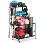 FHXZH Dumbbell Rack, Home Gym Storage Weight Rack for Dumbbells Kettlebells Resistance Band Yoga Mat and Balls, Heavy Duty Workout Equipment Storage Rack with Wheels and Hooks