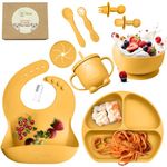 o'doe 11-Piece BPA-Free Silicone Baby Feeding Set | Thick & Soft Suction Plates, Baby Food Bowl, Wooden Fork & Spoon, and More | Make Mealtime Fun and Easy for Your Little One |Yellow V1