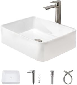 Xiiwin 19 inch White Ceramic Bathroom Vessel Sink with Faucet, 19"x15" Above Counter Rectangle White Porcelain with Stainless steel Silver Faucet and Stainess Drain