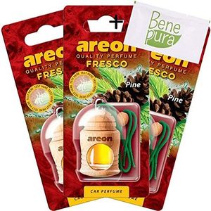 AREON Ambientador para coche de 4 ml, aroma de pino, difusor de botella colgante con cubierta de madera natural, larga duración, juego de 3