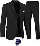 Furuyal Men's Suits 3 Piece Slim Fit Suit Set,Two Button Wedding Business Tuxedo Solid Blazer Jacket Vest Pants with Tie, Black, XX-Large