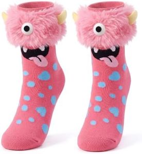 FreeNFond Crazy Socks for Kids, Silly Wacky Funny Monster Socks with 3D Eyes for Boys Girls White Elephant Gifts Exchange (Pink, Hair)