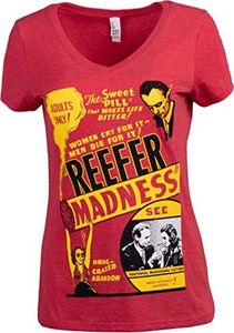 Devil's Harvest (1942 Poster) | Funny Absurd Vintage Drug War Marijuana Weed Pot Propaganda Women's V-Neck T-Shirt, Red Heather, Small