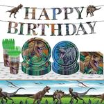 Poqirzan 98PCS Dinosaur Birthday Party Supplies Dinosaur Party Tableware Set Dinosaur Theme Birthday Party Decoration for Boys Girls Dino Paper Plates and Napkins Dinnerware Tablecloth Banner Serve 16