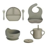 Tony Stark 6Pcs Silicone Baby Feeding Set Bpa-Free,Microwave Safe,Anti-Slip Base | Complete Tableware Kit for Babies & Toddlers with Suction Plate,Bowl,Cup, Spoon,Fork & Bib (Grey)