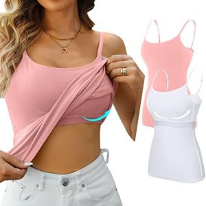 V FOR CITY Cotton Camisole Top for Women Shelf Bra Cami Adjustable Spaghetti Strap Tank Top Yoga Cami Shirt 2 Pack White Pink