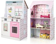 HONEY JOY 2-in-1 Wooden Dollhouse w/Furniture, Double-sided Kids Kitchen Playset w/Realistic Sound, Stove, Faucet & Sink, Pretend Cooking Toy with 9 Accessories for Toddlers Girls Ages 3+, Pink