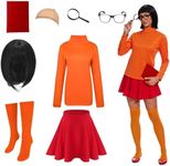 Velma adult Costume Halloween Sexy Women Orange turtleneck Top,Classic Bob Wig,Stockings,Skirt,Glasses Set (Small)