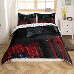 Homewish Gamer Bedding Set Gaming Gear Comforter Cover Double Size Boys Keyboard Duvet Cover Headset Mobile Joystick Quilt Cover Headphone Mouse Pad Bedroom Decor for Child Youth Black Red