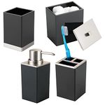 mDesign Plastic Bathroom Vanity Countertop Accessory Set - Includes,Soap Dispenser, Toothbrush Holder, Lidded Canister, and Tumbler Rinsing Cup; Lumiere Collection - Set of 4 - Black/Brushed Chrome