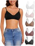 OYOANGLE Women's 5 Pieces Rib Knit Spaghetti Strap V Neck Wireless Bra Set Seamless Solid Plain Everyday Wear Bralette Brown White Medium