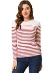 Allegra K Women's Slim Fit Long Sleeve Striped T-Shirt Round Neck Tops, White Red, M