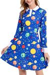 AXUIOKRY Womens Long Sleeve Peter Pan Collar Fit and Flare above Knee Aline Halloween Dress, Blue Planet, X-Large