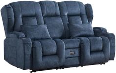 OQQOEE 67.6" RV Loveseat Recliner Sofa with Console, Wall Hugger Manual Reclining Loveseat Couch for RV Theater Seating — Flip Down Backrest with Cup Holders & Charge Outlet (Velvet, Blue)
